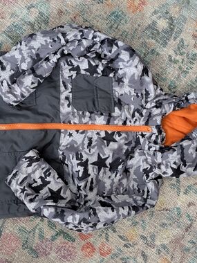 Swiss Tech Gray Star Print Hooded Puffer with Orange Trim